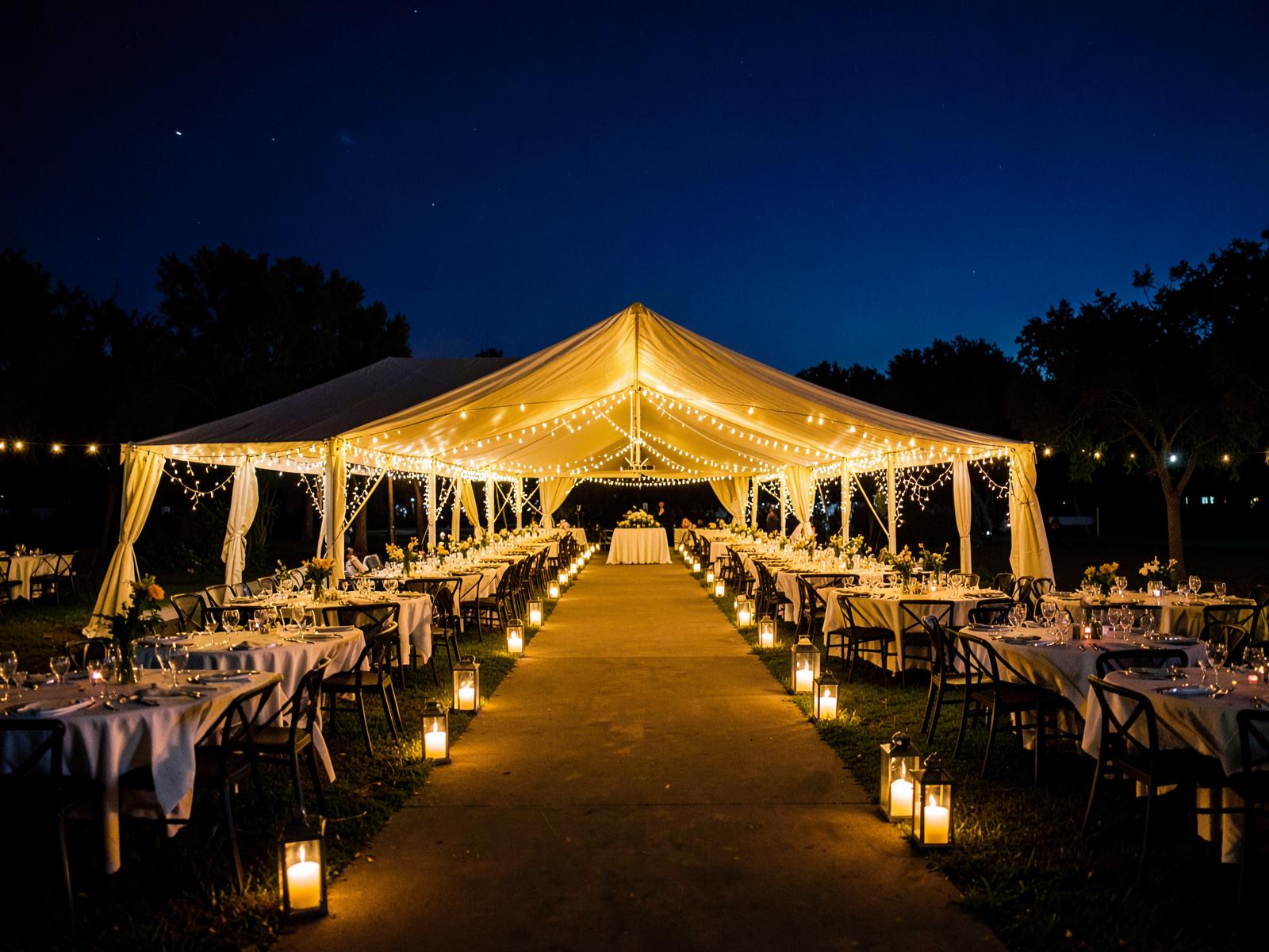 Marquee event setup at night