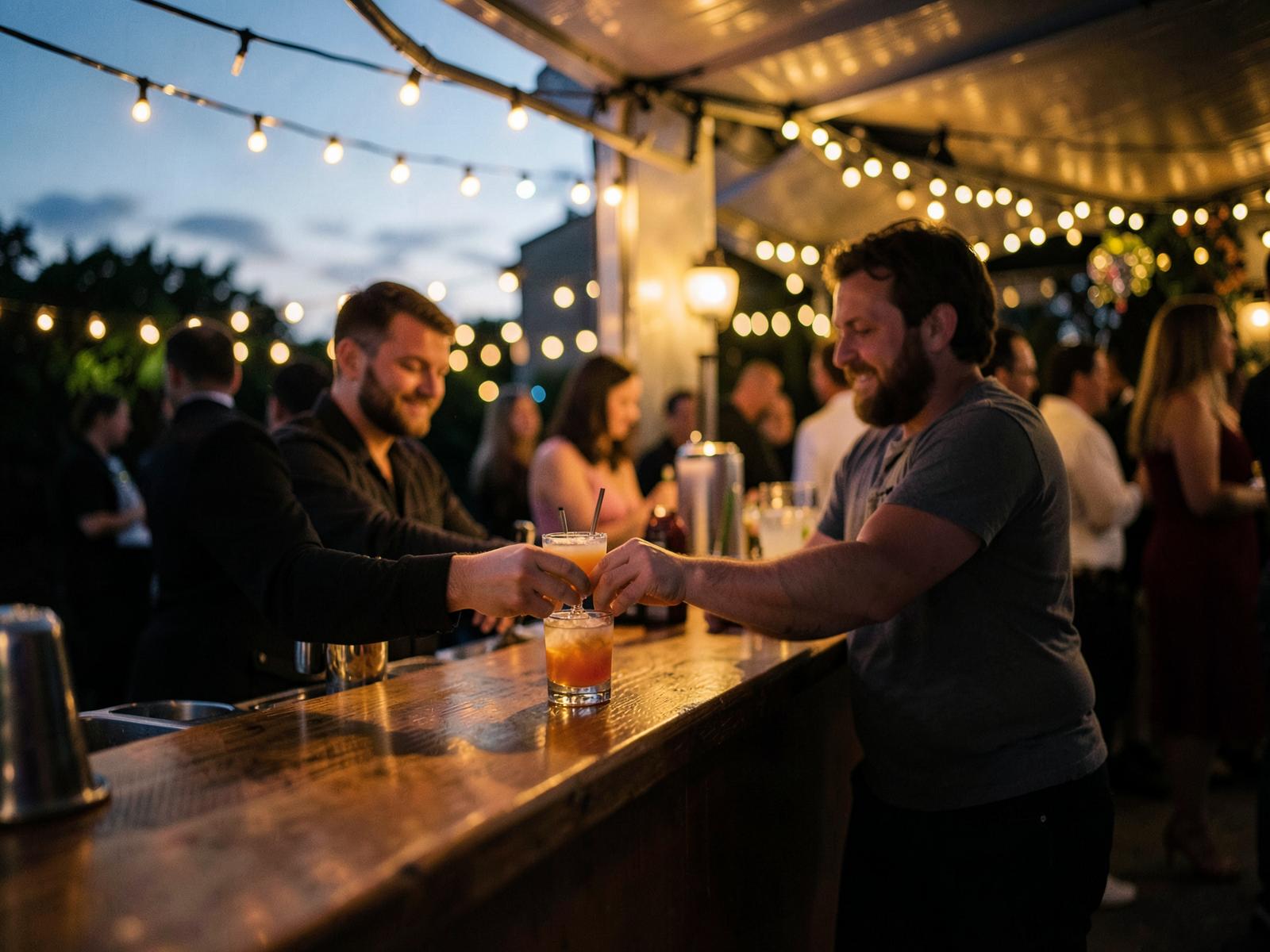 Mobile bar serving drinks at an outdoor evening event